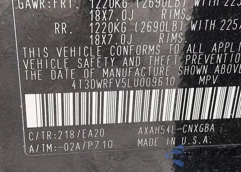 2020 Toyota Rav4 Hybrid Limited z USA, uszkodzony, nr VIN 4T3DWRFV5LU009610